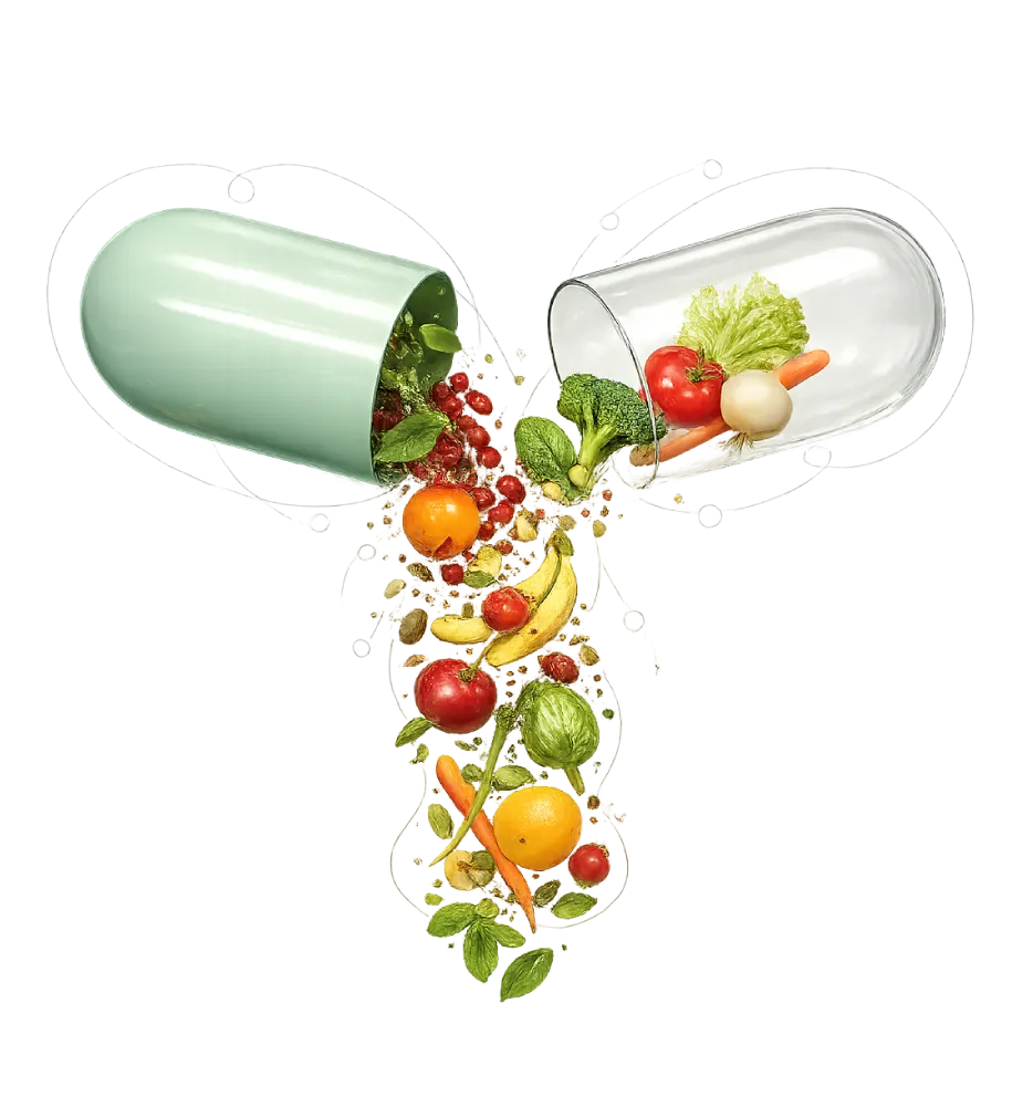 Una cápsula abierta de la que salen frutas y vegetales